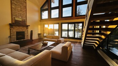 Cottage, Interior Design, Living Room, Staircase, Home Decor, Fireplace, Table