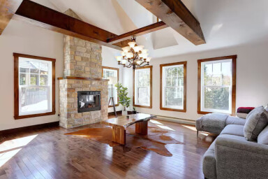 Cottage, Interior Design, Home Decor, Living Room, Chandelier, Fireplace, Wood