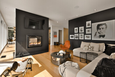 Chalet, Salon, Design D'intérieur, Canapé, Table Basse, Cheminée, Revêtement De Sol