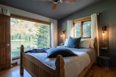 Nature,, Interior Design, Home Decor, Ceiling Fan, Bed, Window, Stained Wood