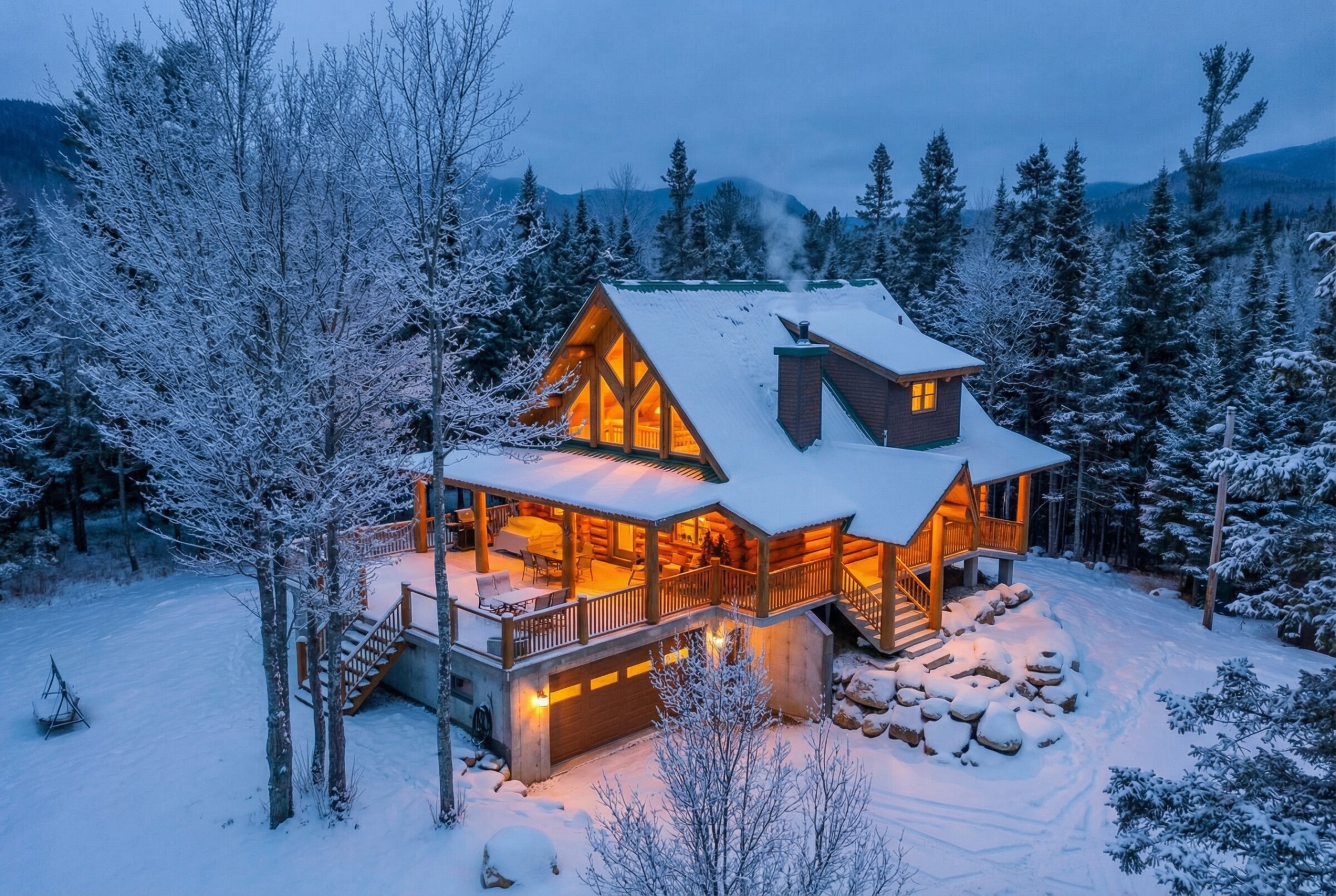 Chalet Everest — bois rond avec vue sur la vallée de la Montmorency