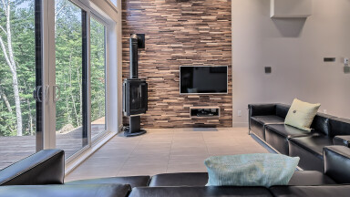 Québec, Intérieur, Design D'intérieur, Salon, Panneaux En Bois, Moniteur, Canapé