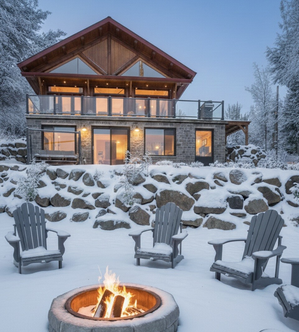 Chalet Oly — bois rond bord de lac à Lambton, Estrie