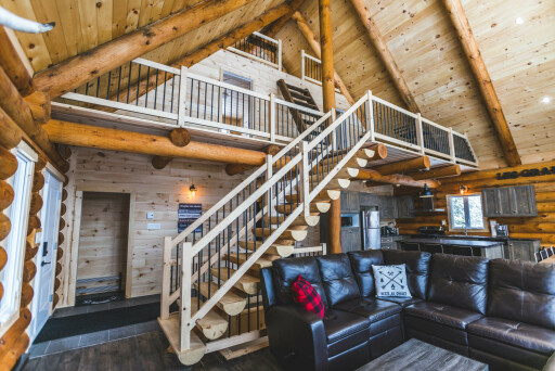 Cottage, Indoors, Interior Design, Living Room, Wood, Staircase, Loft