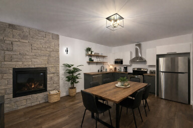 Cottage, Interior Design, Dining Room, Dining Table, Table, Fireplace, Plant
