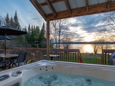 Chalet, Véranda, Baignoire, Bain À Remous, Paysage, Arbre, Abri