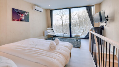 Cottage, Indoors, Interior Design, Bed, Furniture, Living Room, Bedroom